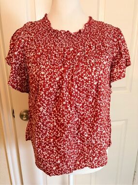 Old Navy Orange Red Floral Smocked-Neck Flutter Sleeve Top